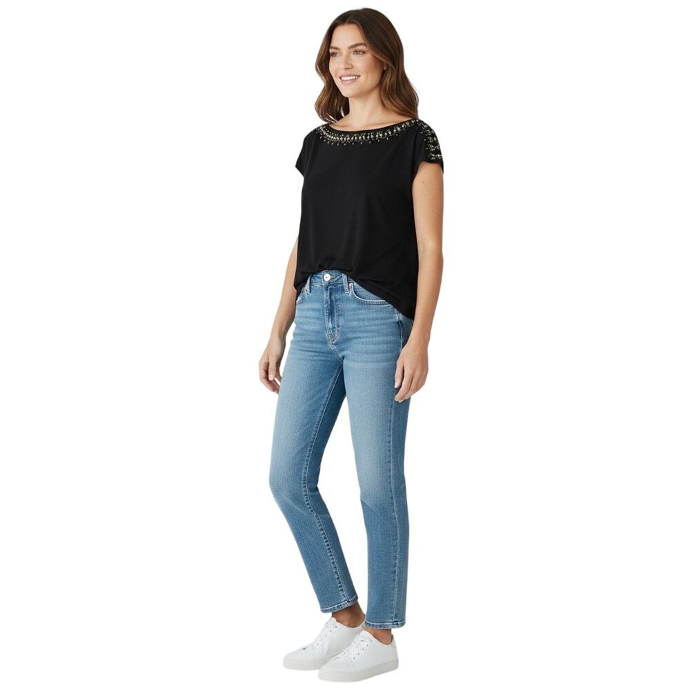 ST JOHN Women’s Jeweled Bateau Neckline Drop Shoulder Black Knit Top